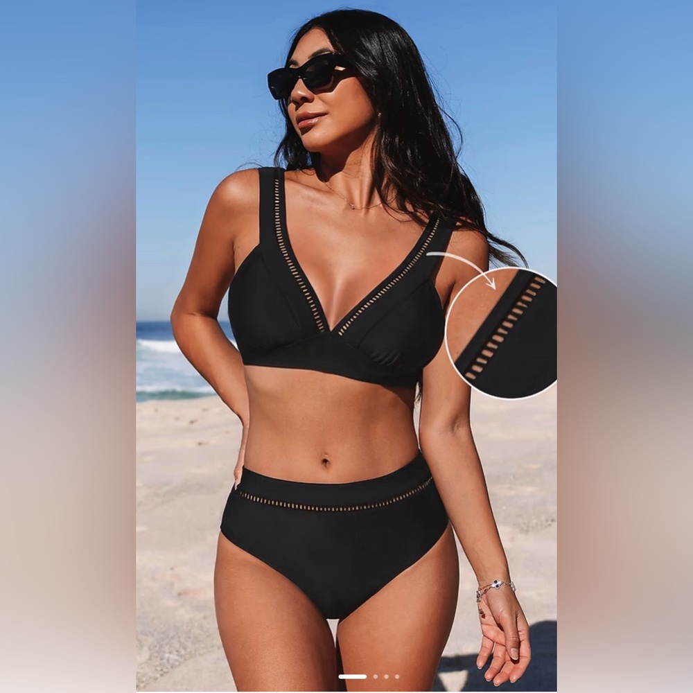 CUPSHE Black Ladder Trim Bikini Top & Standard Bottoms Set Size L NWT